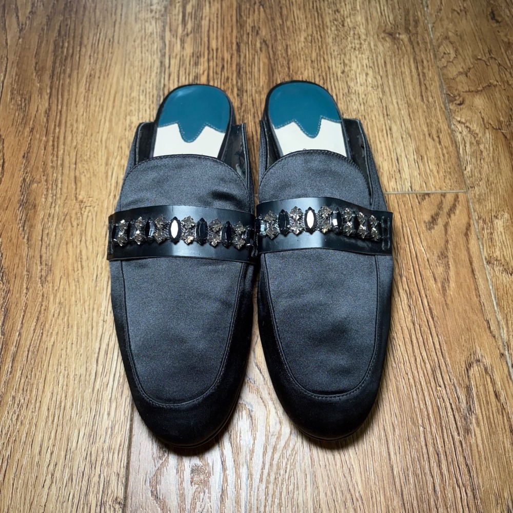 Libby Edelman Piper Black Satin Jeweled Mules Pointed Toe Flats‎ Size 9M